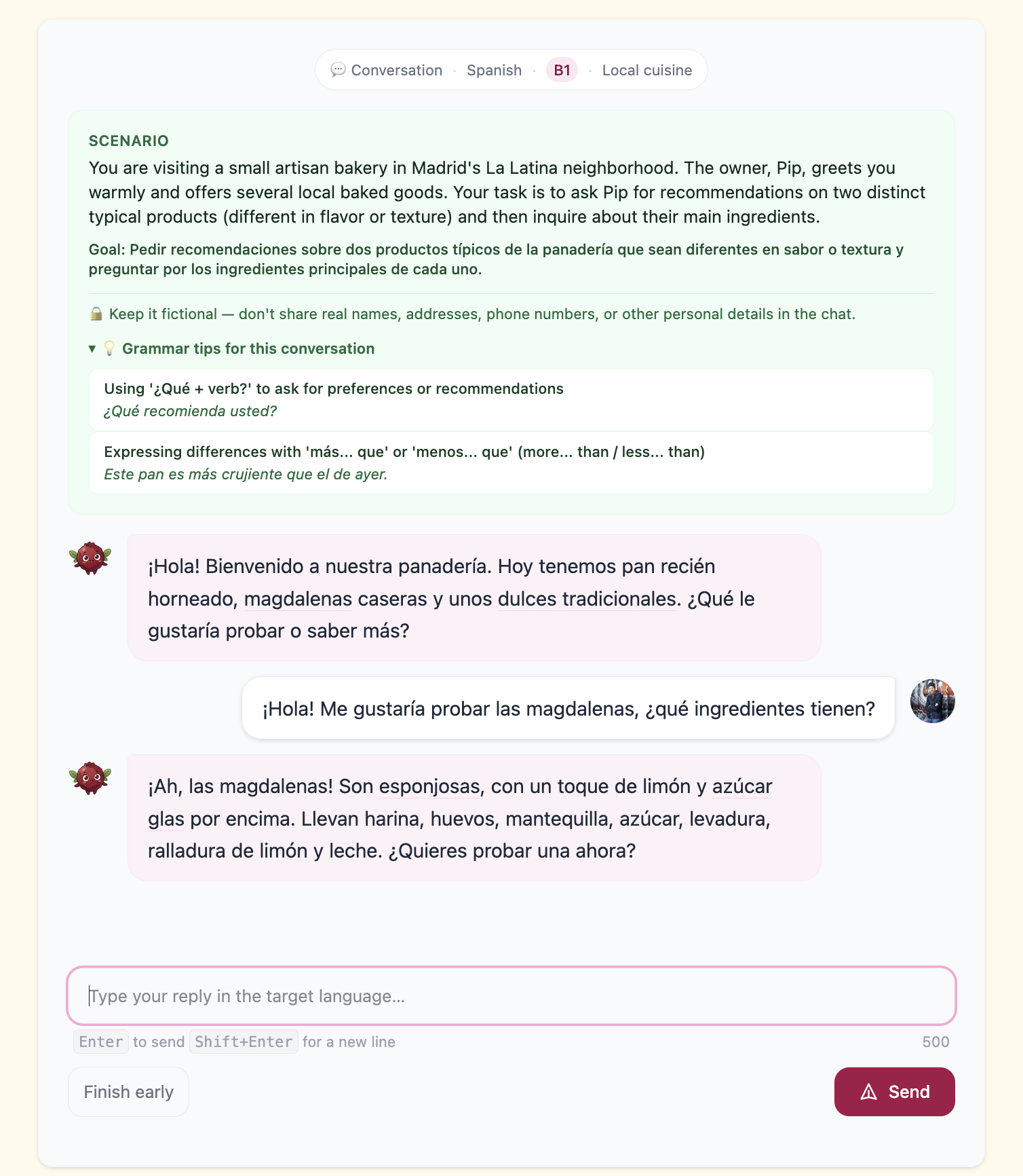Conversation exercise: chatting with Pip around a scenario