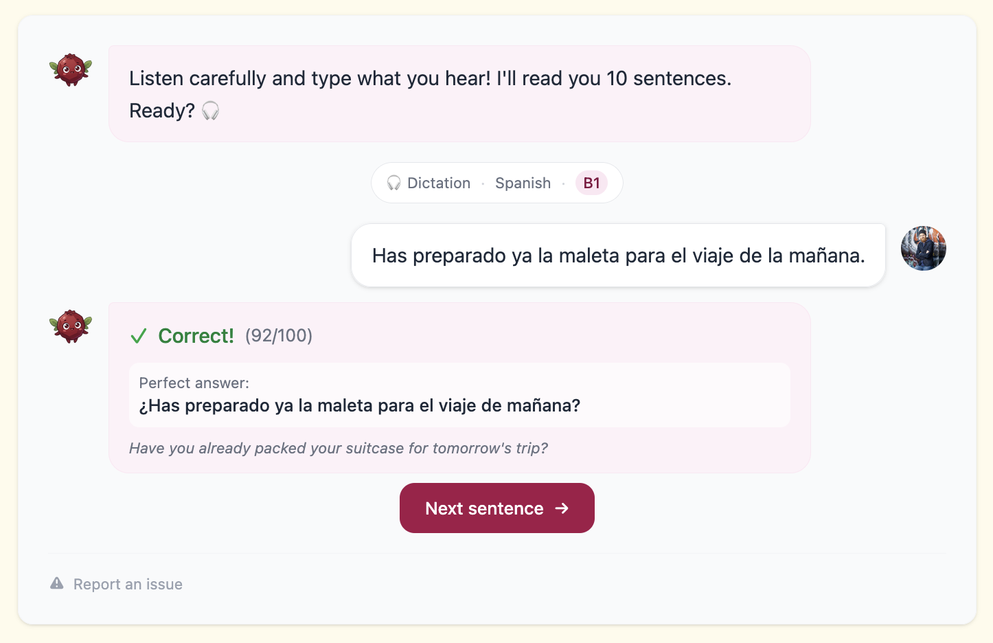 Dictation exercise: word-by-word scoring from Pip