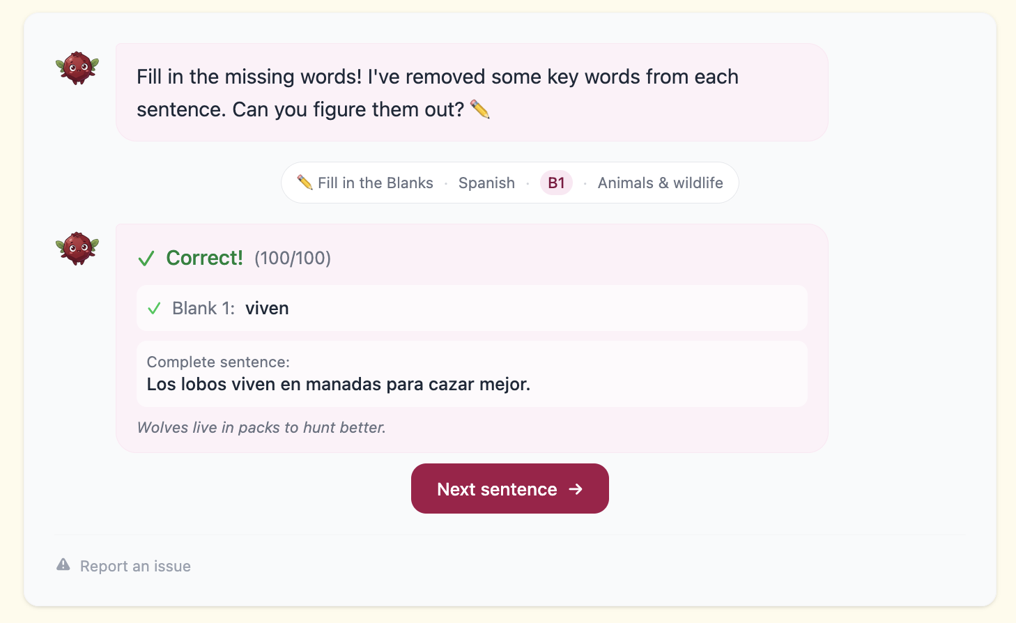 Fill-in-the-blank exercise: Pip's feedback on word form and grammar