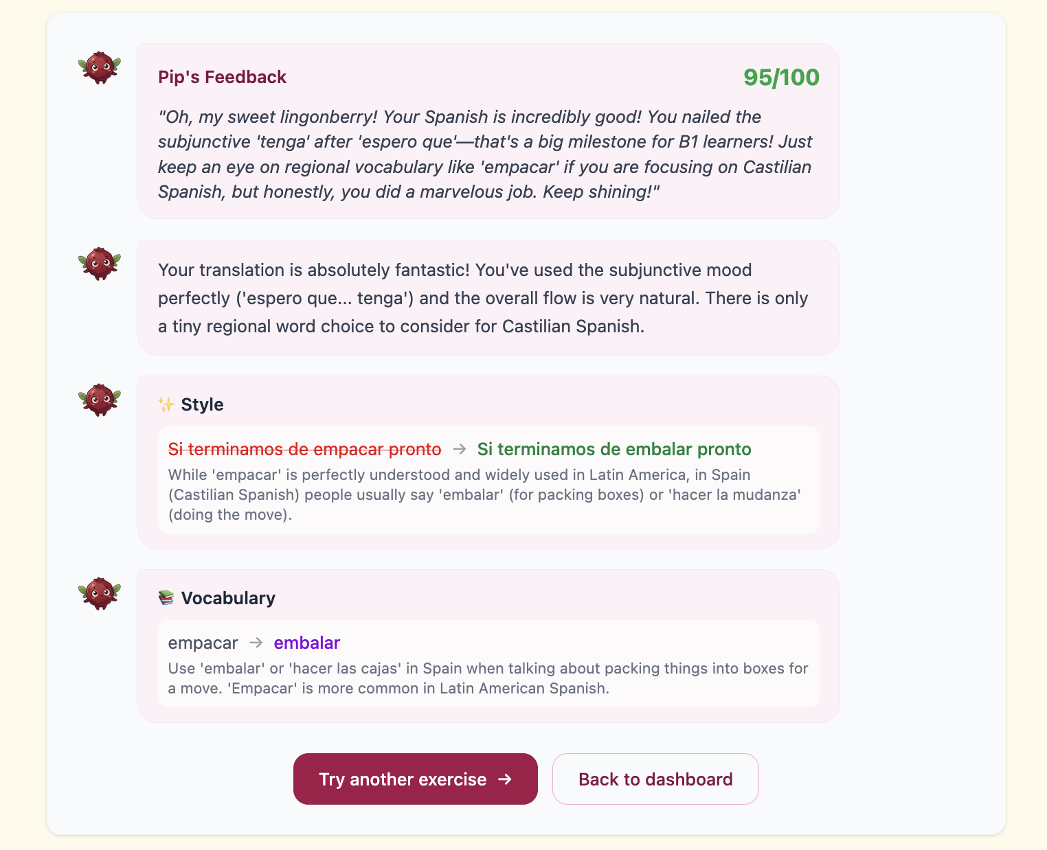 Translation exercise: Pip's detailed feedback with score and corrections