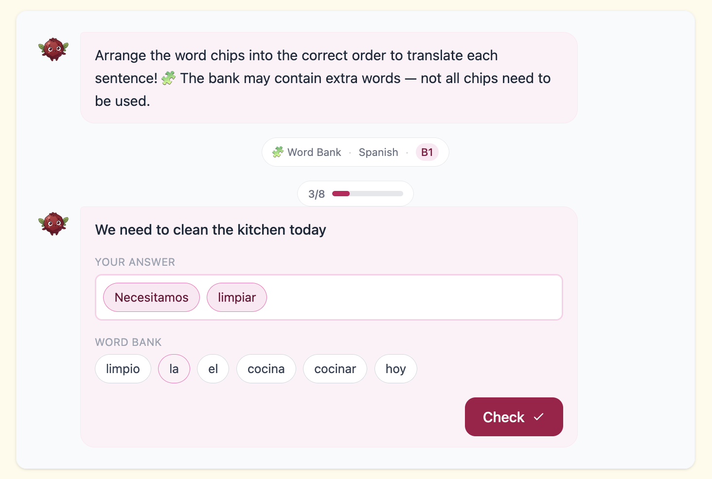 Word Bank exercise: arranging word chips into the correct order
