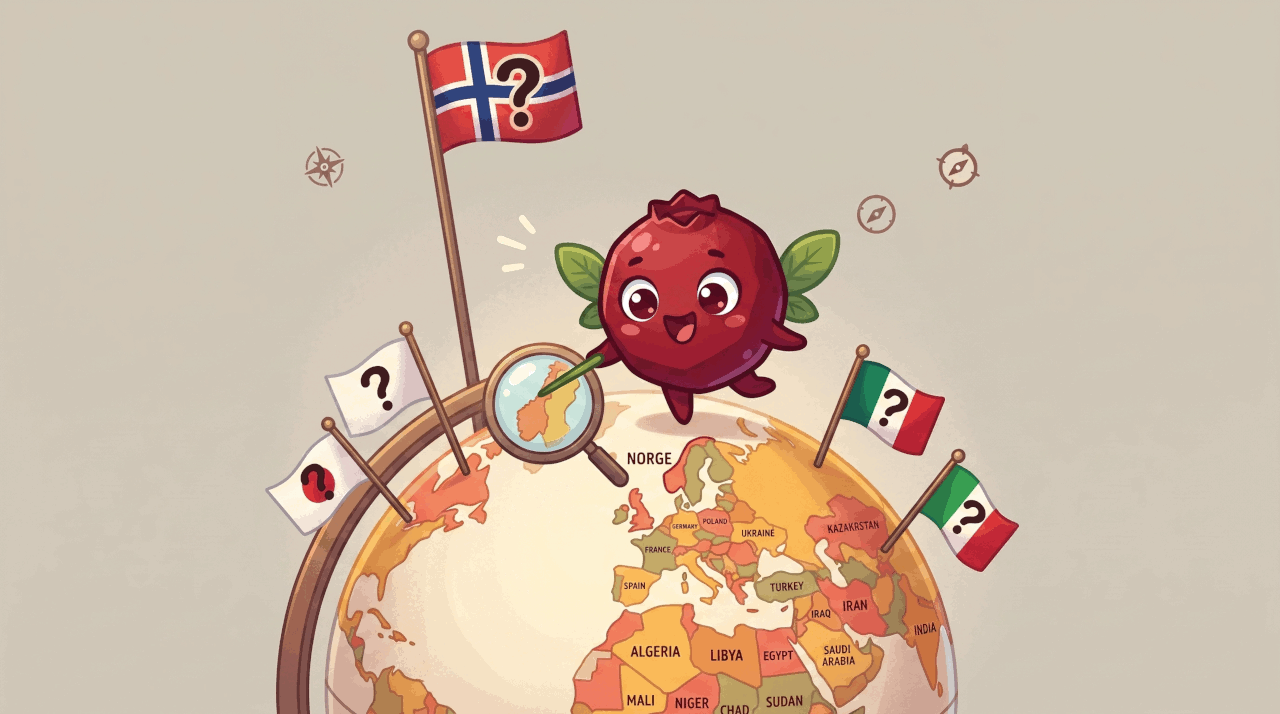 Pip the lingonberry exploring a globe with flags