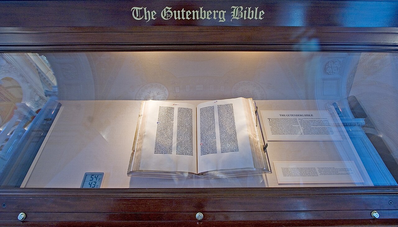 The Gutenberg Bible on display at the Library of Congress, showing two open pages