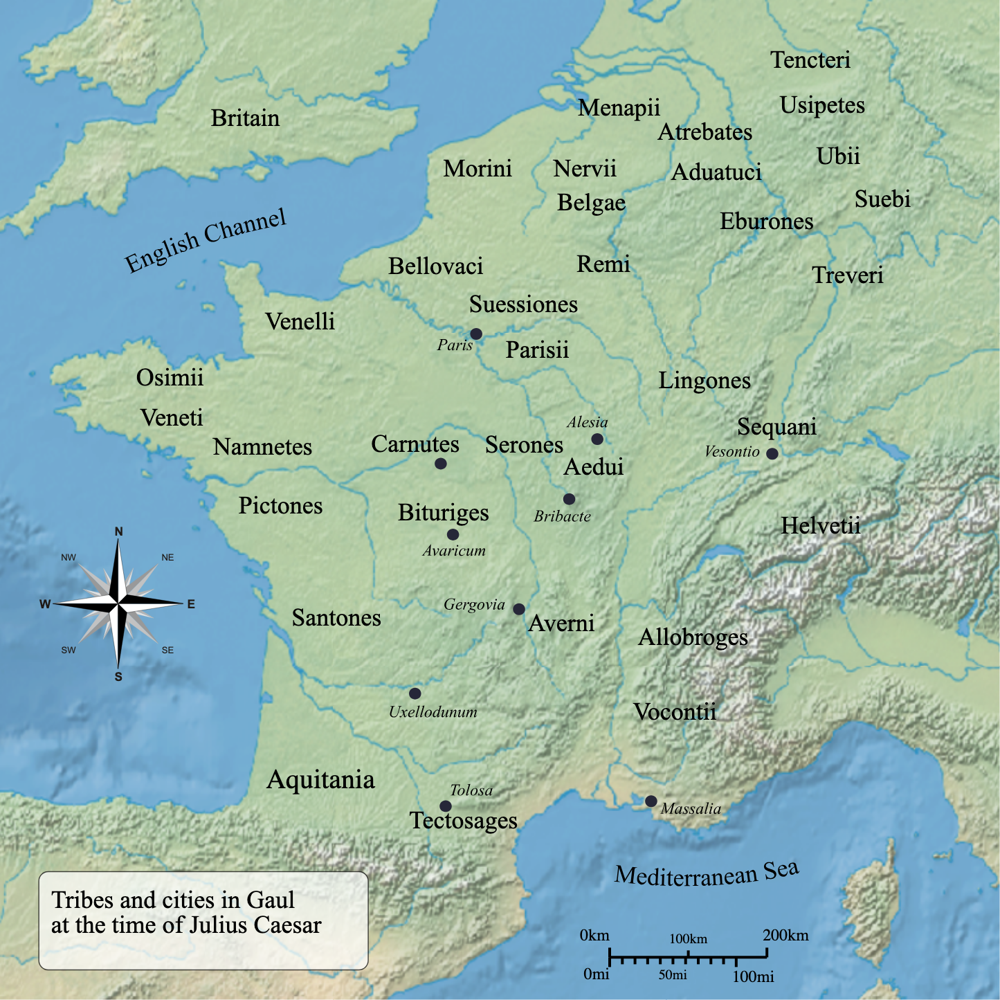 Map of Gaul showing Celtic tribal territories at the time of Julius Caesar